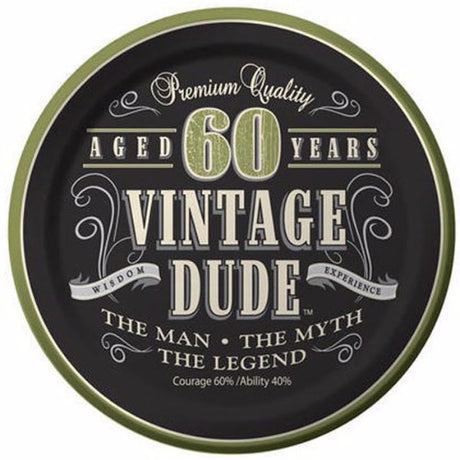 Vintage Dude 60th birthday luncheon plates, pack of 8, featuring a charming vintage design for milestone celebrations.