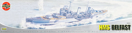 1:600 scale model of HMS Belfast, a WWII cruiser with 250 pieces, ideal for history enthusiasts and model builders.