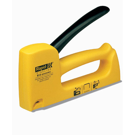 Lightweight Rapid Tacker R13e staple gun for upholstery, fabrics, and DIY projects with ergonomic handle and low staple indicator.