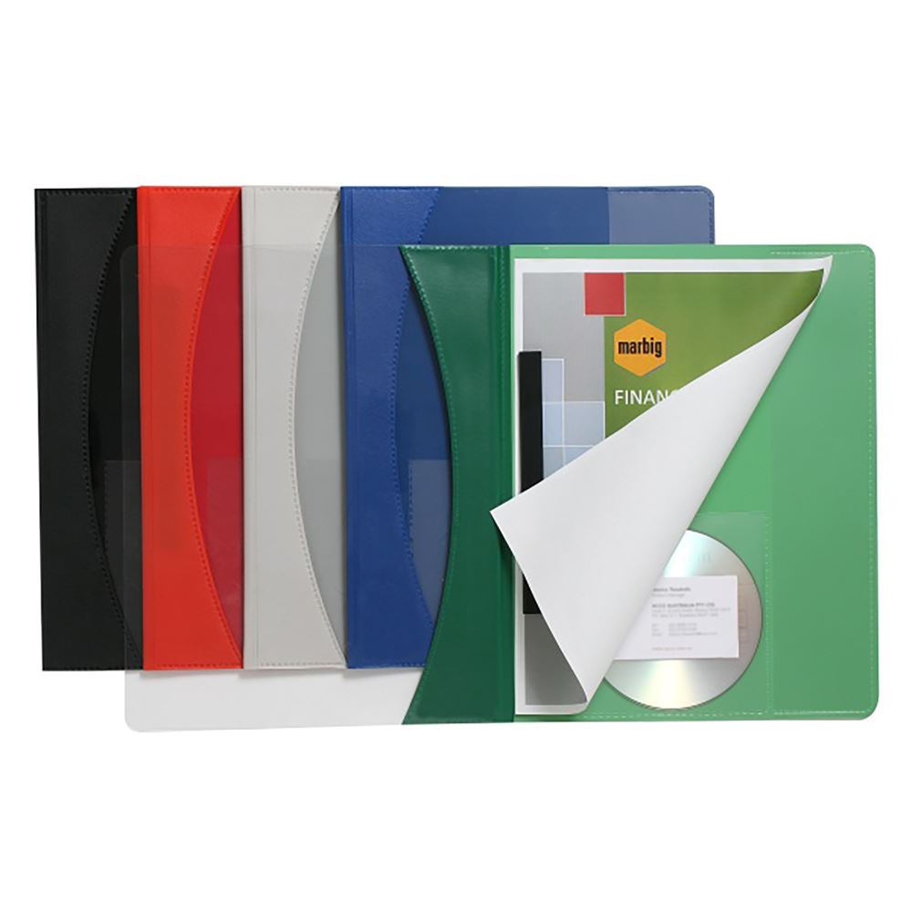 Marbig A4 Flat File in black with clear cover, vertical pocket, CD holder, and business card holder for organized document storage.