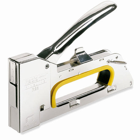 Durable all-steel staple gun for professionals, ideal for fabrics, leather, and posters, with comfortable grip and recoilless action.