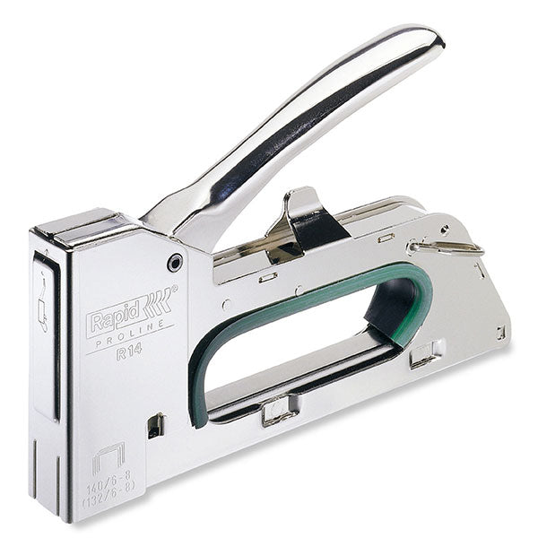 Rapid Tacker R14e staple gun with ergonomic handle, ideal for insulation and heavy-duty fastening tasks.