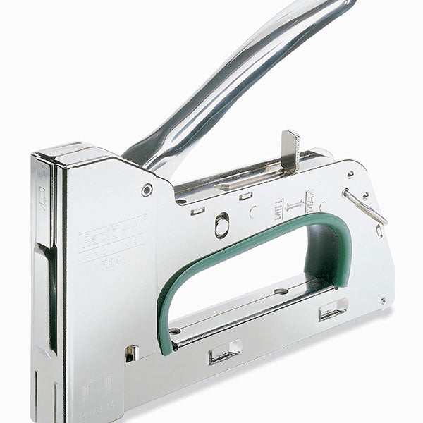 High-durability all-steel staple gun with adjustable force and noise damper for efficient fastening in various materials.