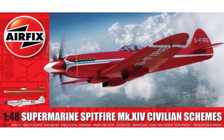 Airfix 1/48 Supermarine Spitfire MkXIV model kit, featuring 118 pieces and two customizable civilian schemes for aviation enthusiasts.