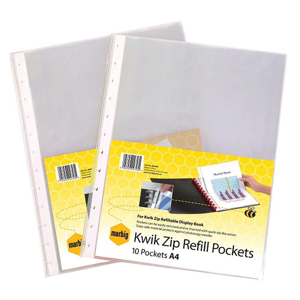 Marbig Kwik Zip A4 refills pack containing 10 durable copysafe pockets for organizing documents in display books.