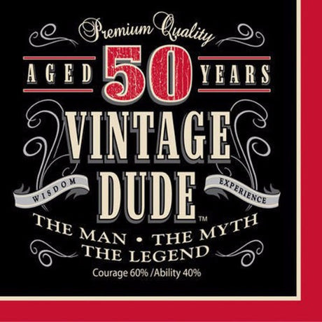 Vintage Dude 50th Birthday Luncheon Napkins, pack of 16, featuring retro design and durable 3-ply material, ideal for celebrations.
