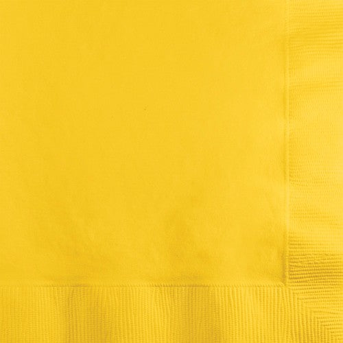 Vibrant school bus yellow luncheon napkins, 33cm x 33cm, pack of 50, perfect for parties and easy clean-up.