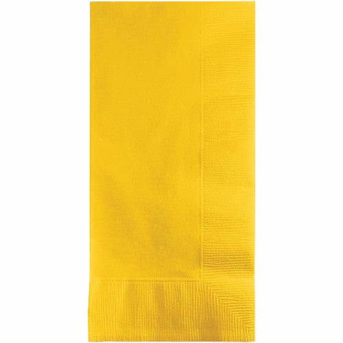 Vibrant school bus yellow 2-ply dinner napkins, 40cm x 40cm, pack of 50, perfect for parties and festive occasions.