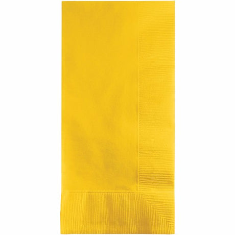 Vibrant school bus yellow 2-ply dinner napkins, 40cm x 40cm, pack of 50, perfect for parties and festive occasions.