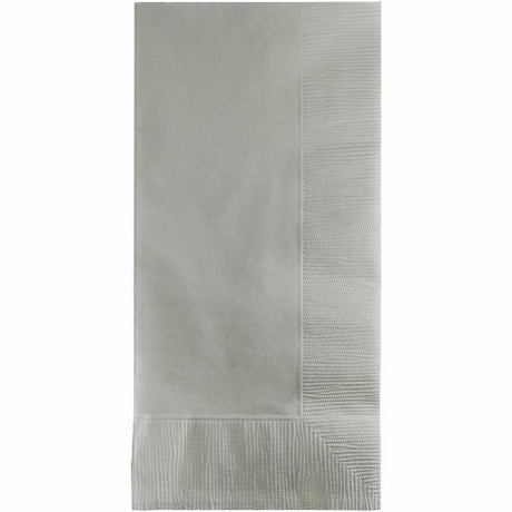 Elegant shimmering silver dinner napkins, 40cm x 40cm, 2-ply, pack of 50, perfect for enhancing festive dining experiences.