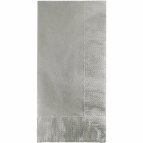 Elegant shimmering silver dinner napkins, 40cm x 40cm, 2-ply, pack of 50, perfect for enhancing festive dining experiences.