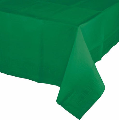 Emerald green tablecover with 2-ply tissue and waterproof plastic, measuring 137cm x 274cm for elegant, hassle-free dining.