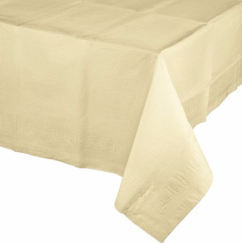 Ivory tablecover made of 2-ply tissue and 1-ply waterproof plastic, measuring 137cm x 274cm.