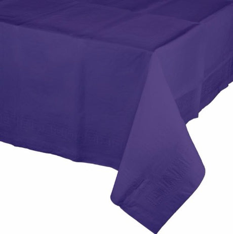 Elegant purple table cover, 137cm x 274cm, featuring absorbent tissue and waterproof backing for stylish event protection.