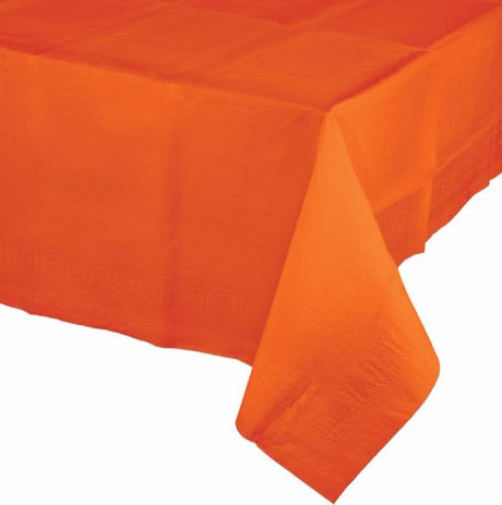 Sunkissed orange tablecover, 2-ply tissue and waterproof plastic, dimensions 137cm x 274cm.