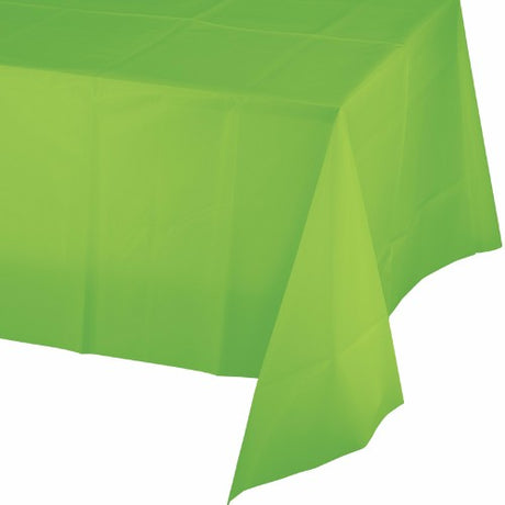 Bright green plastic tablecover measuring 137cm x 274cm, perfect for vibrant parties and easy cleanup.