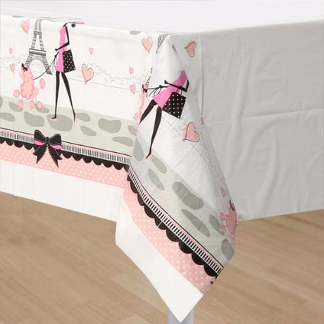 Vibrant Party in Paris plastic tablecover with iconic motifs, perfect for themed events, 137cm x 259cm size.