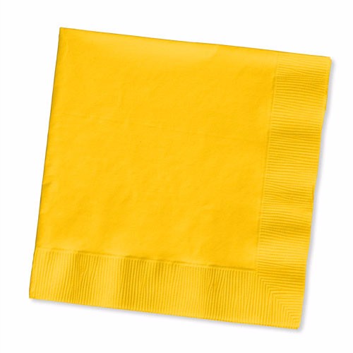Vibrant school bus yellow beverage napkins, 2-ply, 25cm x 25cm, pack of 50, ideal for parties and picnics.