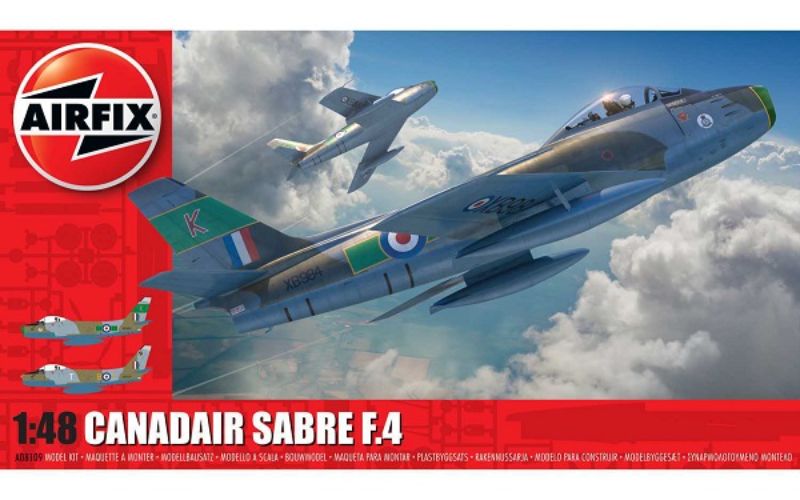 1/48 scale model of the Canadair Sabre F.4, featuring 148 pieces and two customizable design options.