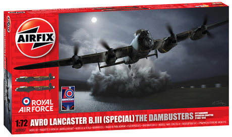 1:72 scale model of Avro Lancaster B.III, featuring detailed construction and Upkeep mine bombs, honoring WWII Dambusters raid.