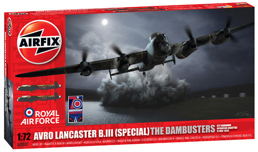 1:72 scale model of Avro Lancaster B.III, featuring detailed construction and Upkeep mine bombs, honoring WWII Dambusters raid.