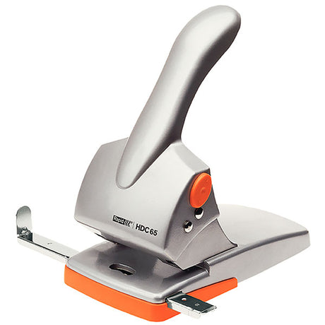 Heavy-duty silver and orange hole punch, ergonomically designed to punch up to 65 sheets with adjustable guide and easy confetti storage.