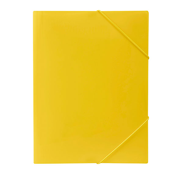 Bright yellow Marbig A4 document wallet with elastic straps and 3 retaining flaps for secure document storage and organization.