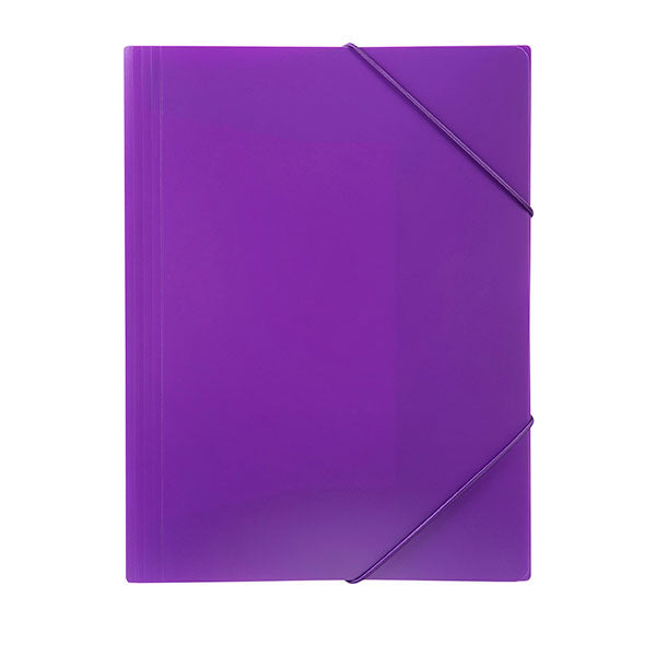 Bright purple A4 document wallet with elastic straps, durable design, and three internal flaps for organizing papers.