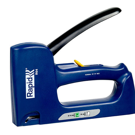 Lightweight Rapid Tacker R64e staple gun with dual magazine for staples and brads, ideal for various DIY and professional projects.