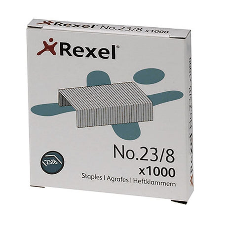 Rexel Staples Tacker No.23/8 in a box of 1000, made from high-quality steel for durable and precise stapling.