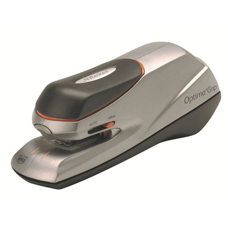 Compact electric stapler in silver and black, staples up to 20 sheets jam-free, ideal for desktop or handheld use.