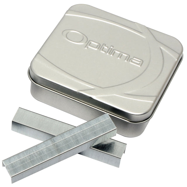 Rexel Optima HD staples in a secure tin, designed for heavy-duty stapling up to 70 sheets with a jam-free guarantee.