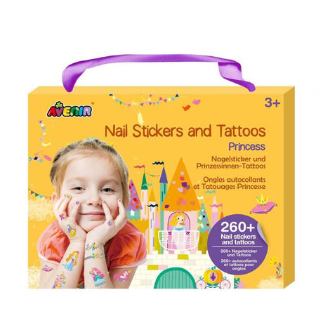 Colorful princess-themed nail stickers and tattoos featuring crowns and stars for kids' creative play.