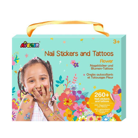 Colorful floral nail stickers and tattoos with over 260 designs for creative expression in kids aged 5 and up.