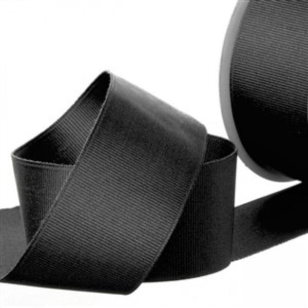 Plain black grosgrain ribbon, 38mm wide and 20m long, ideal for crafts, gift wrapping, and elegant decorations.