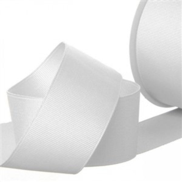 White 38mm Plain Grosgrain Ribbon on a 20m roll, perfect for elegant gift wrapping and crafting projects.