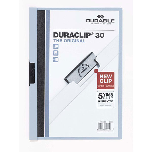 Durable Duraclip A4 document folder in blue, holds 30 sheets, no punched holes, transparent cover for easy document exchange.