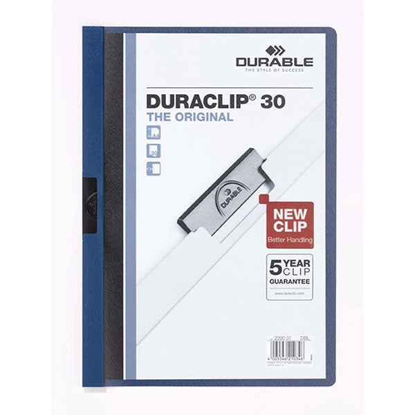 Durable Duraclip Document Folder in dark blue for A4 sheets, features transparent cover, holds 30 sheets, no punched holes.