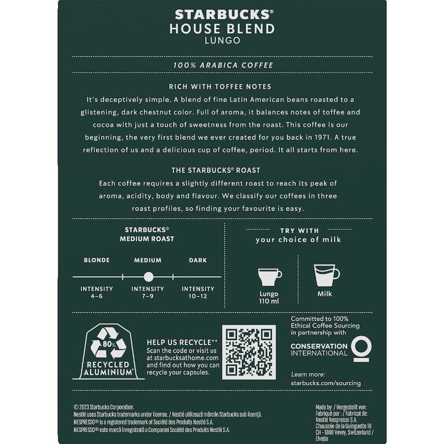 Starbucks By Nespresso Coffee Capsules House Blend Lungo 36pack 206g