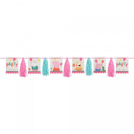 Peppa Pig-themed glittered garland with colorful pennants, perfect for birthday celebrations and photo backdrops.