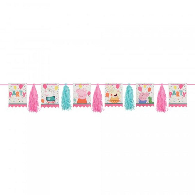 Peppa Pig-themed glittered garland with colorful pennants, perfect for birthday celebrations and photo backdrops.