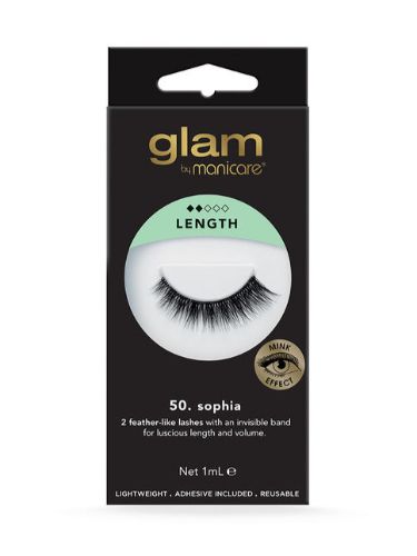 Luxurious Manicare Sophia Mink Effect Lashes with two wispy bands for natural glamour and included hypoallergenic adhesive.