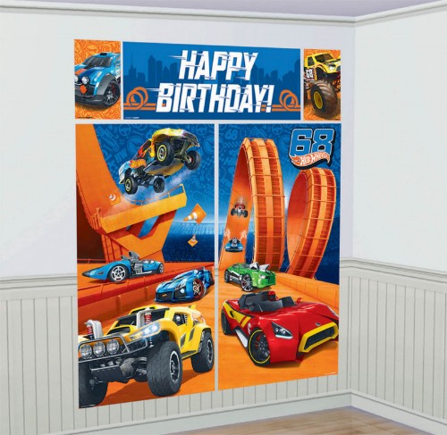 Colorful Hot Wheels wall decorations kit with a banner and cutouts for a racing-themed party.