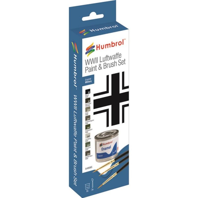 Humbrol Enamel Paint & Brush Set featuring 8 WWII Luftwaffe colors and 3 precision brushes for model painting.