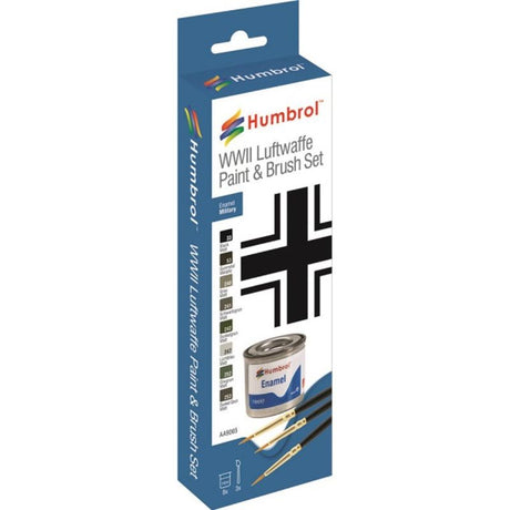 Humbrol Enamel Paint & Brush Set featuring 8 WWII Luftwaffe colors and 3 precision brushes for model painting.