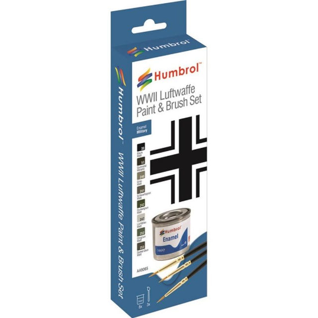Humbrol Enamel Paint & Brush Set featuring 8 WWII Luftwaffe colors and 3 precision brushes for model painting.