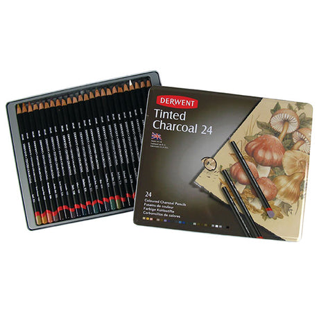 Derwent Tinted Charcoal Pencils Tin 24 features 24 water-soluble pencils for vibrant, expressive artwork with minimal mess.
