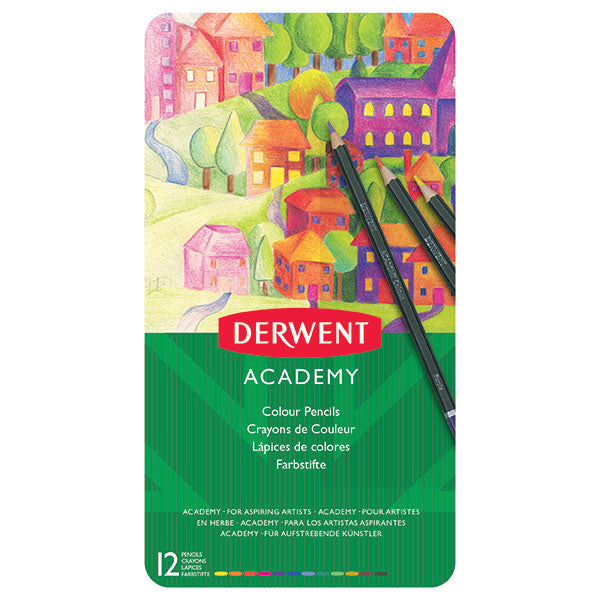 Derwent Coloured Pencils Pack of 12 in tin, featuring natural wood barrels and vibrant pigments for versatile art creation.