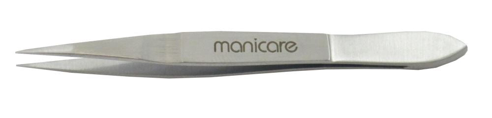 Manicare Ultimate Point Tweezers with ultra-fine tips for precise hair removal, made of Japanese stainless steel, includes case.