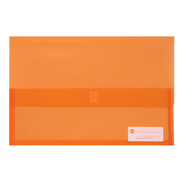 Translucent orange Marbig Wallet with 25mm gusset, secure touch fastener, and write-on identification panel for document storage.